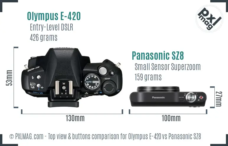 Olympus E-420 vs Panasonic SZ8 top view buttons comparison