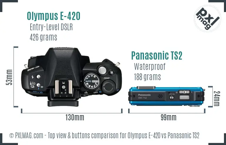 Olympus E-420 vs Panasonic TS2 top view buttons comparison
