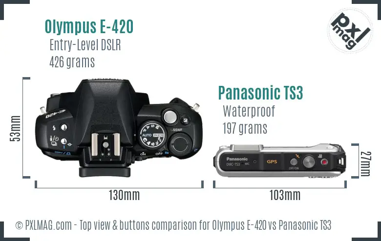 Olympus E-420 vs Panasonic TS3 top view buttons comparison