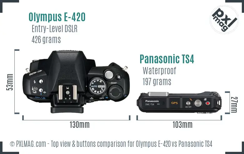 Olympus E-420 vs Panasonic TS4 top view buttons comparison