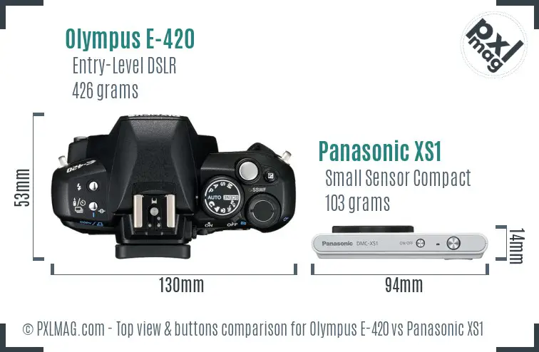 Olympus E-420 vs Panasonic XS1 top view buttons comparison