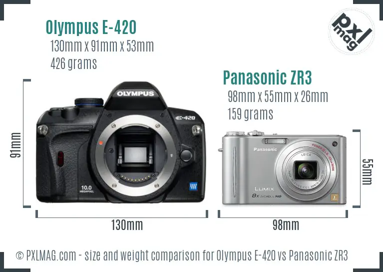 Olympus E-420 vs Panasonic ZR3 size comparison