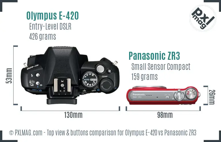 Olympus E-420 vs Panasonic ZR3 top view buttons comparison