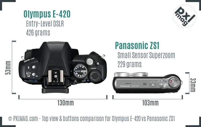 Olympus E-420 vs Panasonic ZS1 top view buttons comparison