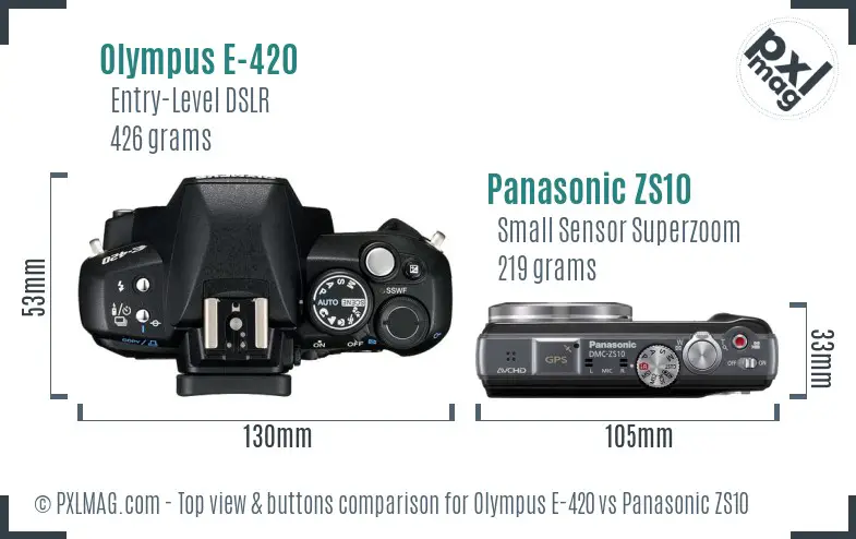 Olympus E-420 vs Panasonic ZS10 top view buttons comparison