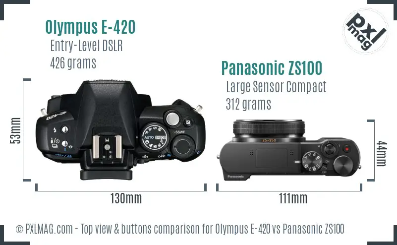 Olympus E-420 vs Panasonic ZS100 top view buttons comparison