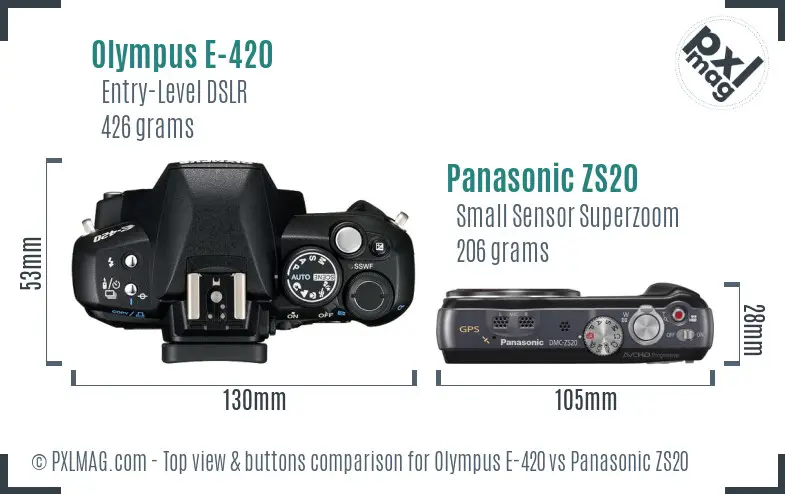 Olympus E-420 vs Panasonic ZS20 top view buttons comparison