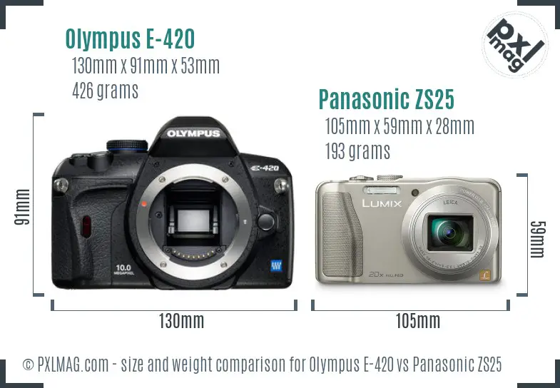 Olympus E-420 vs Panasonic ZS25 size comparison