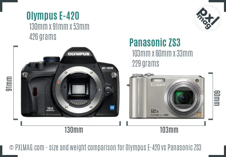Olympus E-420 vs Panasonic ZS3 size comparison