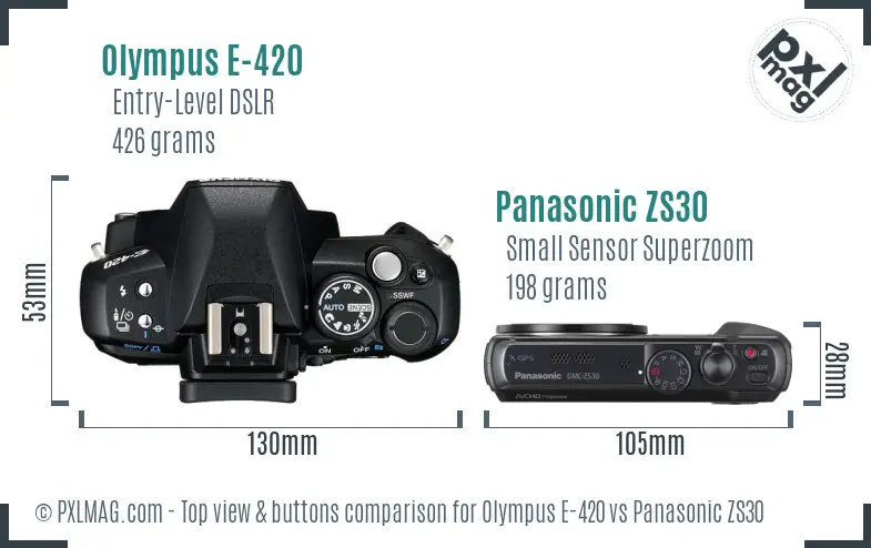 Olympus E-420 vs Panasonic ZS30 top view buttons comparison