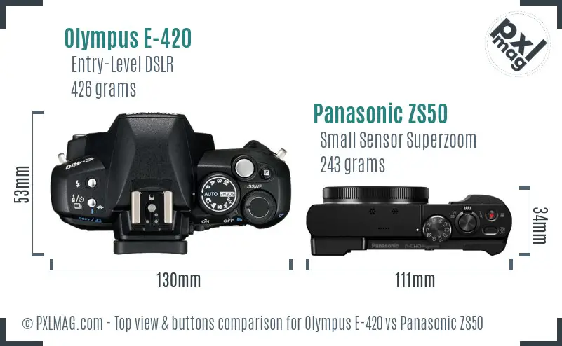 Olympus E-420 vs Panasonic ZS50 top view buttons comparison