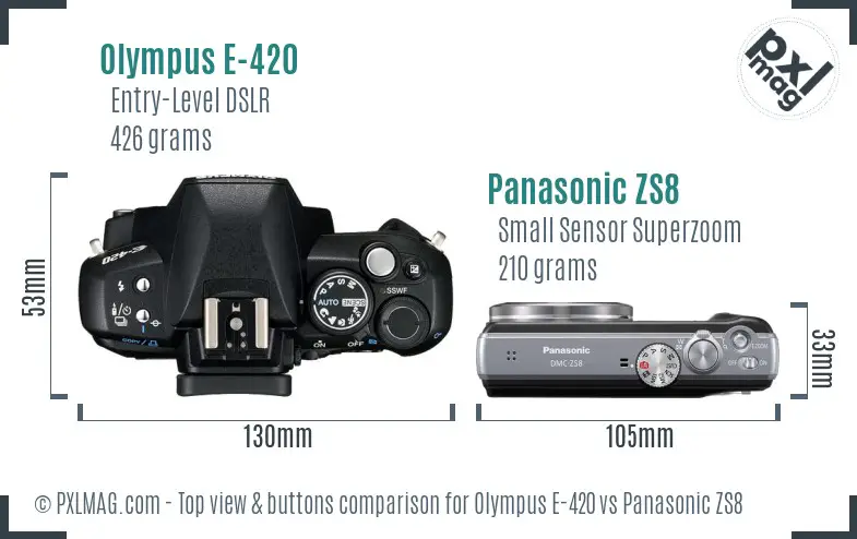 Olympus E-420 vs Panasonic ZS8 top view buttons comparison
