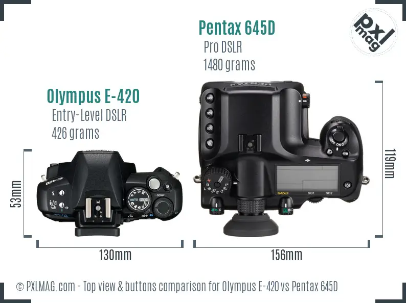 Olympus E-420 vs Pentax 645D top view buttons comparison