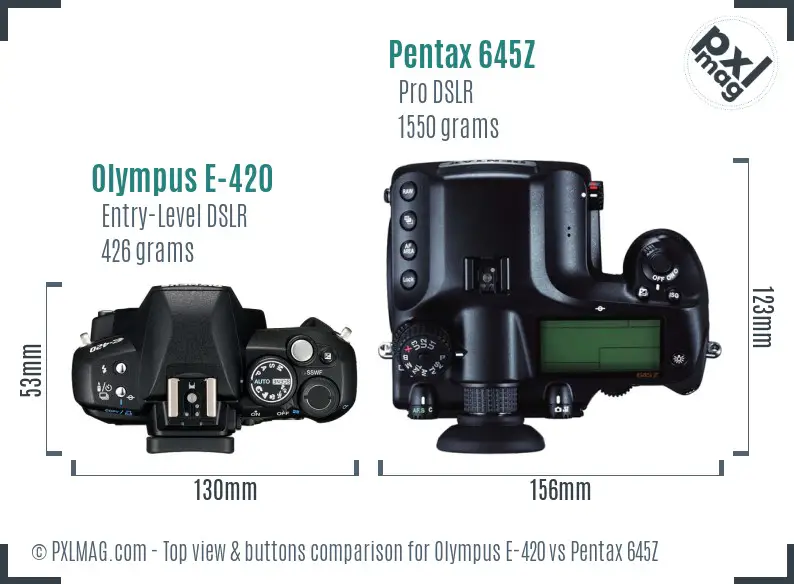 Olympus E-420 vs Pentax 645Z top view buttons comparison