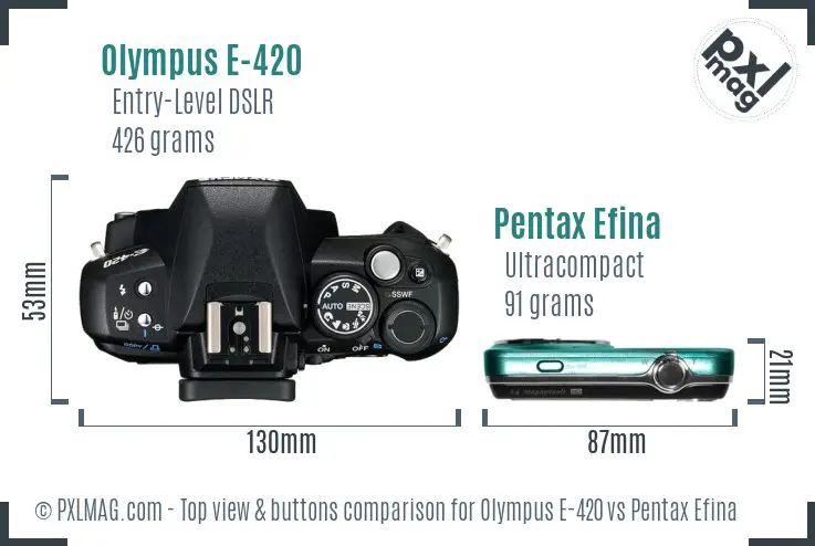 Olympus E-420 vs Pentax Efina top view buttons comparison