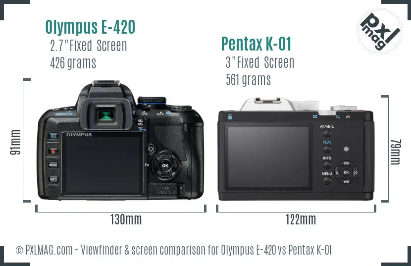 Olympus E-420 vs Pentax K-01 Screen and Viewfinder comparison