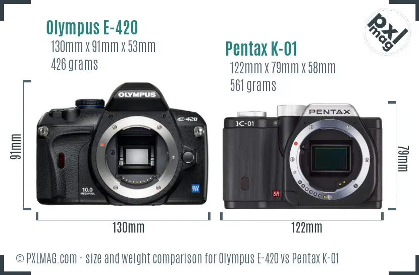 Olympus E-420 vs Pentax K-01 size comparison