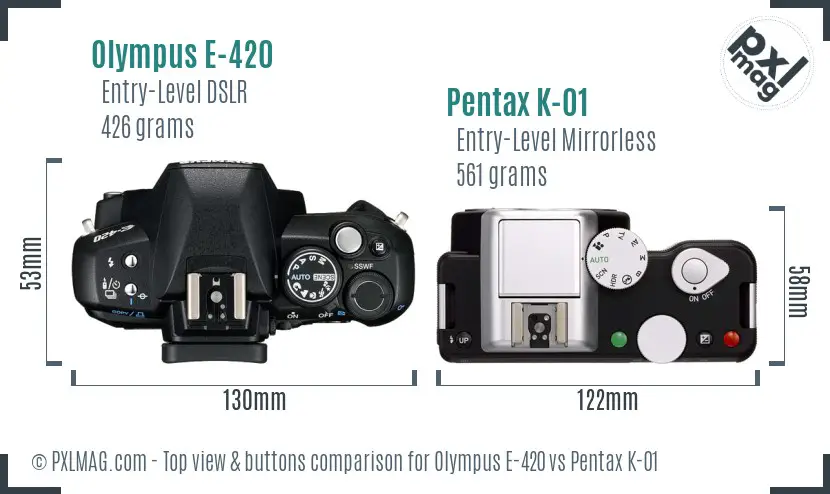 Olympus E-420 vs Pentax K-01 top view buttons comparison