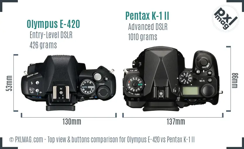 Olympus E-420 vs Pentax K-1 II top view buttons comparison