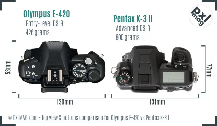 Olympus E-420 vs Pentax K-3 II top view buttons comparison