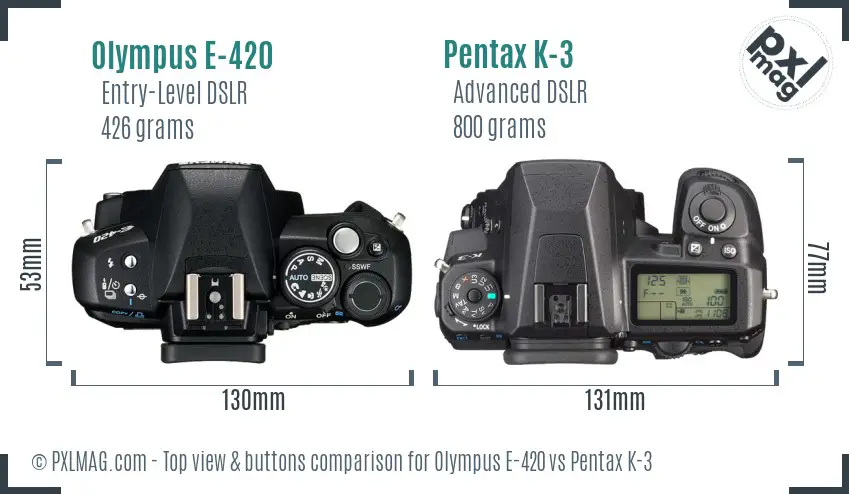 Olympus E-420 vs Pentax K-3 top view buttons comparison