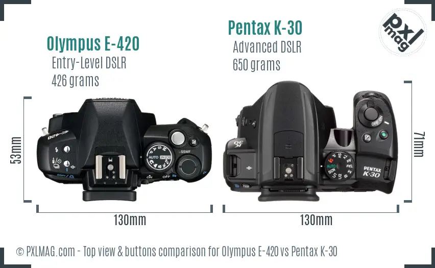 Olympus E-420 vs Pentax K-30 top view buttons comparison