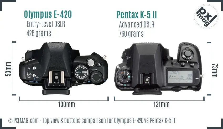 Olympus E-420 vs Pentax K-5 II top view buttons comparison