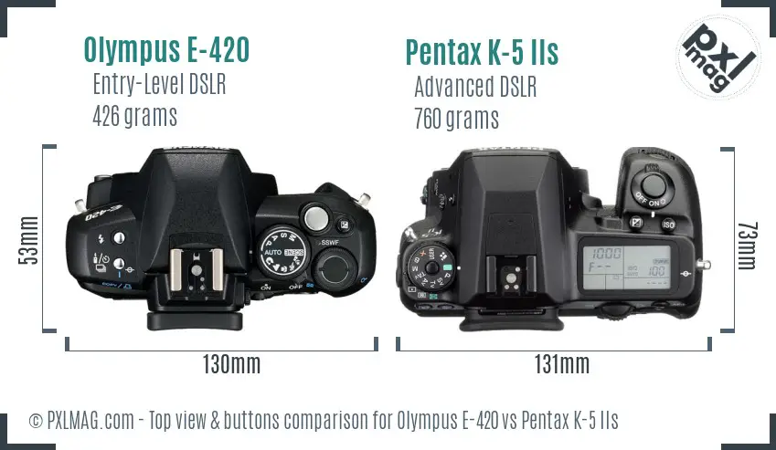 Olympus E-420 vs Pentax K-5 IIs top view buttons comparison