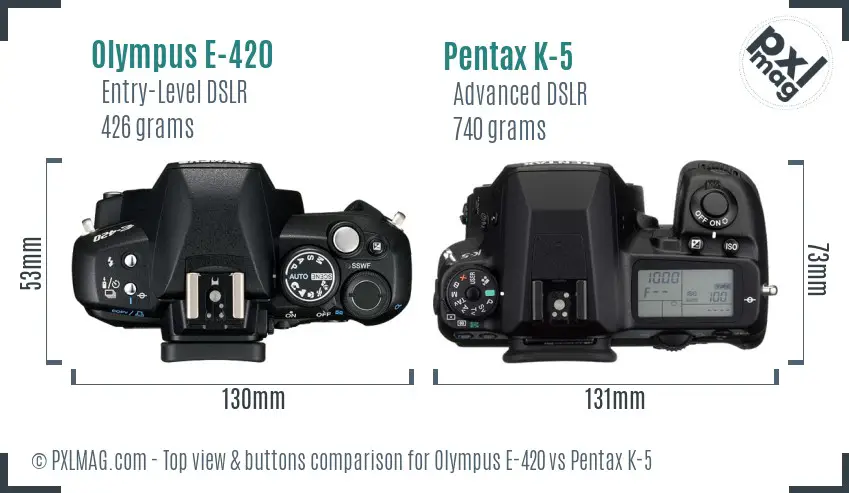 Olympus E-420 vs Pentax K-5 top view buttons comparison