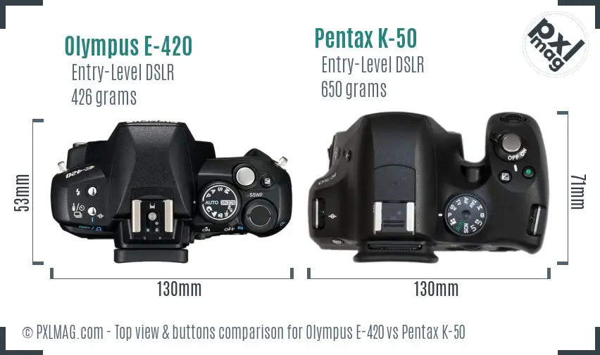 Olympus E-420 vs Pentax K-50 top view buttons comparison