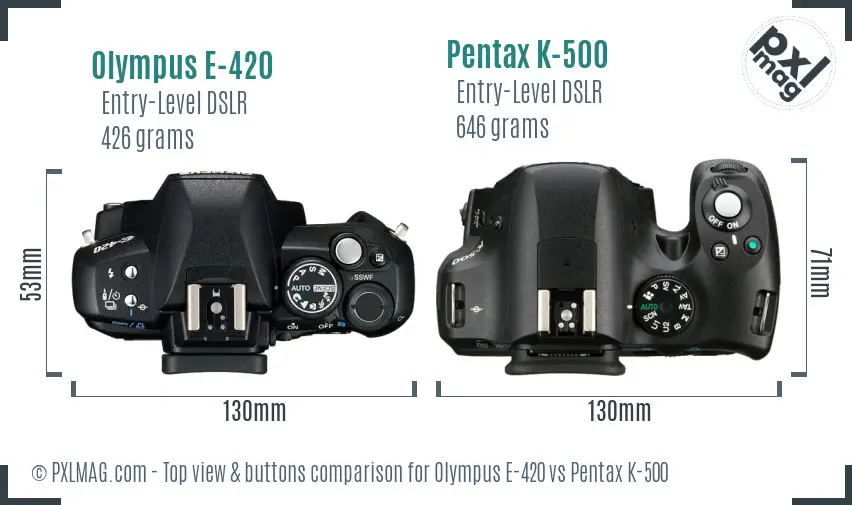 Olympus E-420 vs Pentax K-500 top view buttons comparison