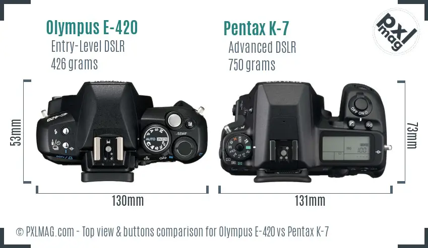 Olympus E-420 vs Pentax K-7 top view buttons comparison