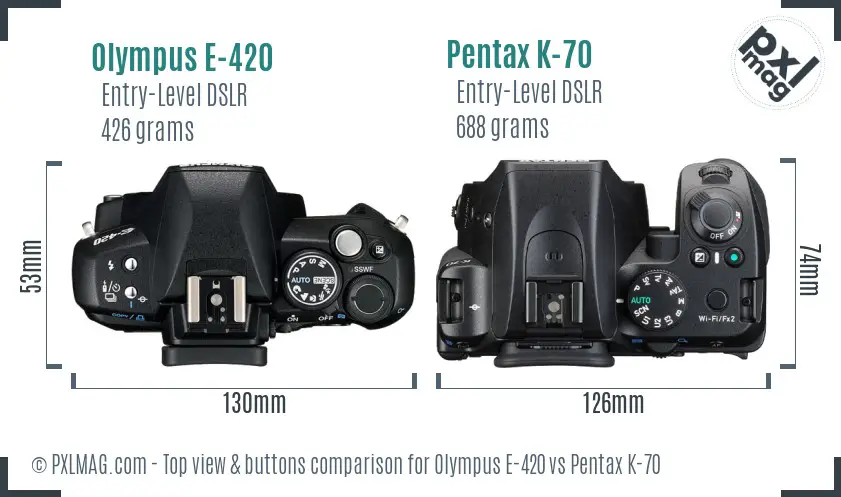Olympus E-420 vs Pentax K-70 top view buttons comparison