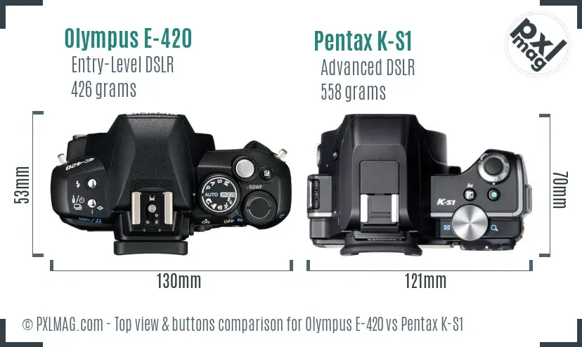 Olympus E-420 vs Pentax K-S1 top view buttons comparison