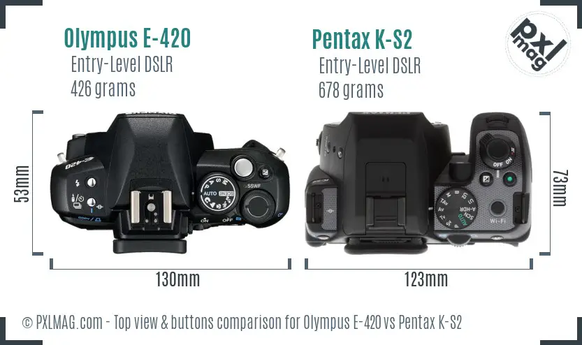 Olympus E-420 vs Pentax K-S2 top view buttons comparison
