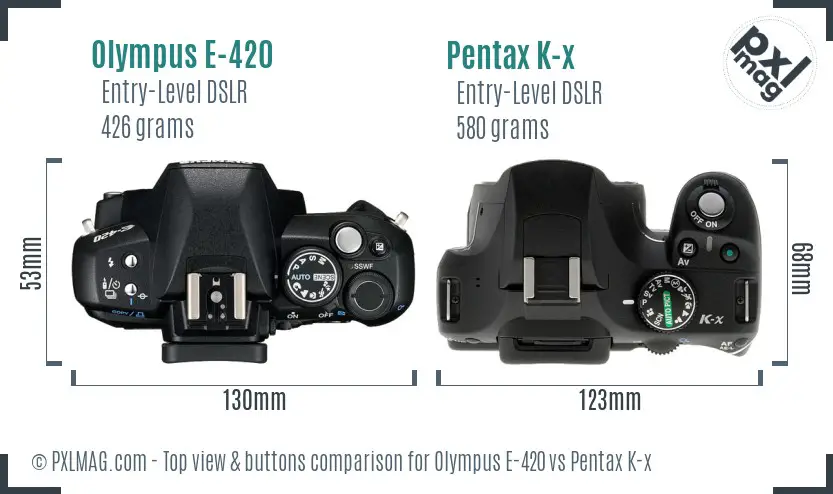Olympus E-420 vs Pentax K-x top view buttons comparison
