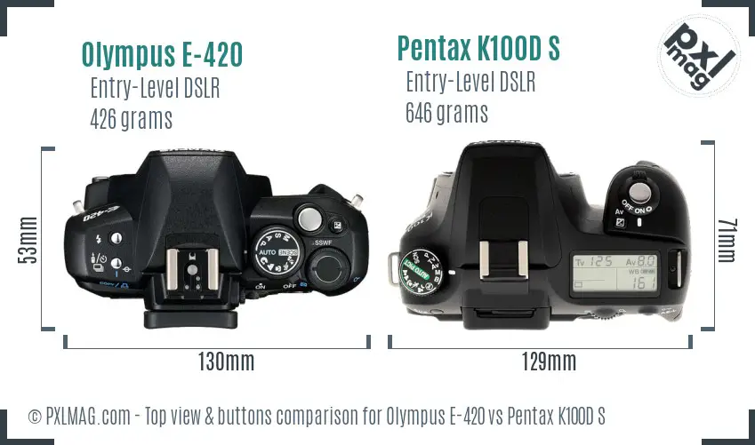 Olympus E-420 vs Pentax K100D S top view buttons comparison