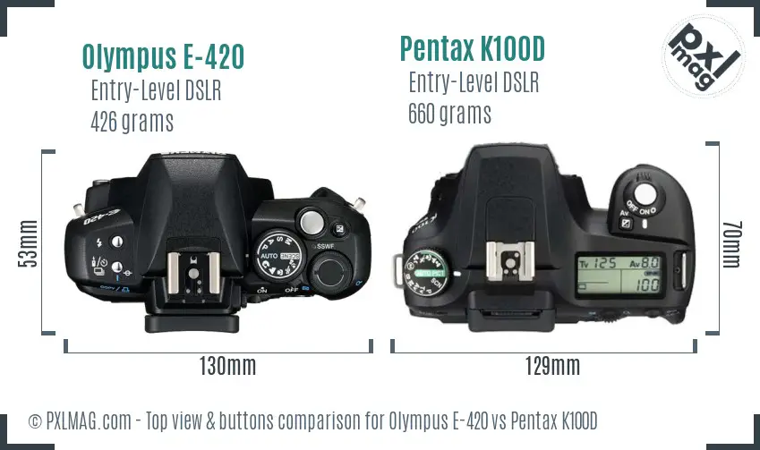 Olympus E-420 vs Pentax K100D top view buttons comparison