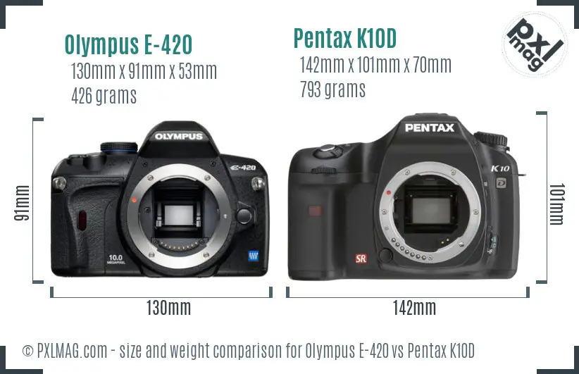 Olympus E-420 vs Pentax K10D size comparison