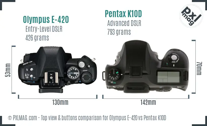 Olympus E-420 vs Pentax K10D top view buttons comparison
