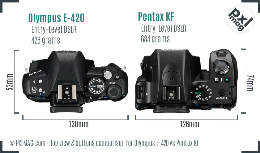 Olympus E-420 vs Pentax KF top view buttons comparison