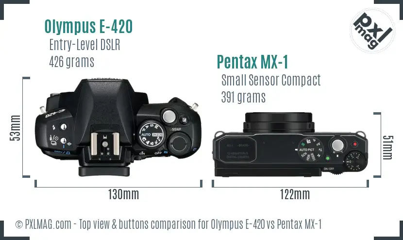 Olympus E-420 vs Pentax MX-1 top view buttons comparison