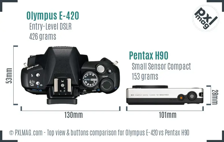 Olympus E-420 vs Pentax H90 top view buttons comparison