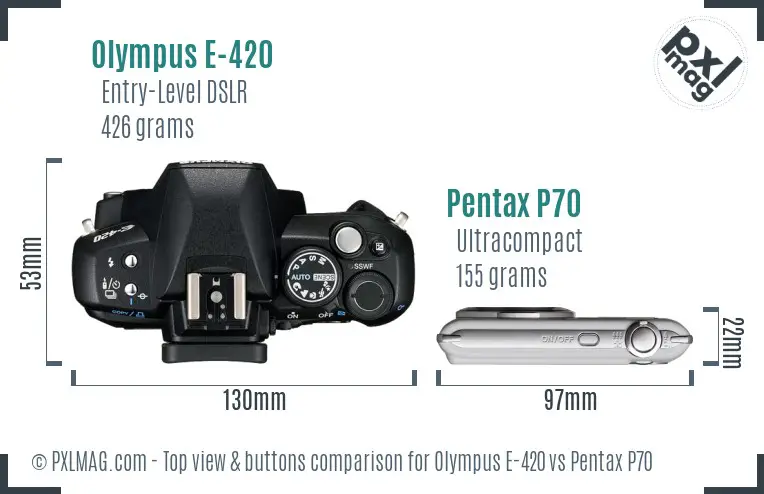Olympus E-420 vs Pentax P70 top view buttons comparison