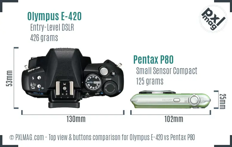 Olympus E-420 vs Pentax P80 top view buttons comparison