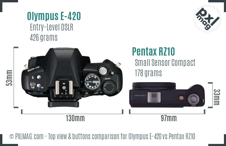 Olympus E-420 vs Pentax RZ10 top view buttons comparison
