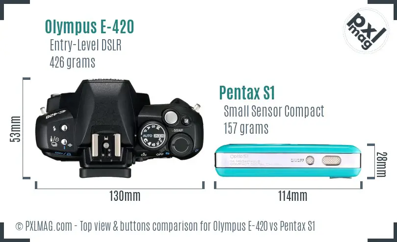Olympus E-420 vs Pentax S1 top view buttons comparison