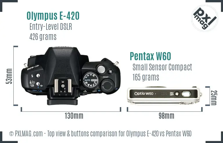 Olympus E-420 vs Pentax W60 top view buttons comparison