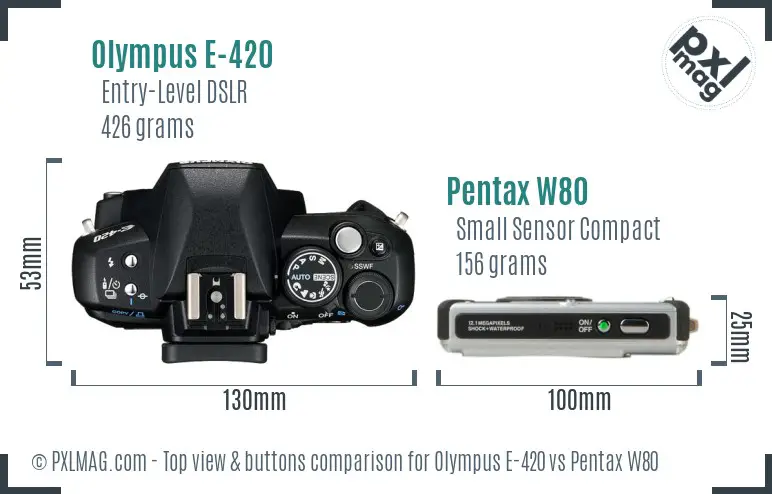 Olympus E-420 vs Pentax W80 top view buttons comparison