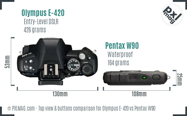 Olympus E-420 vs Pentax W90 top view buttons comparison